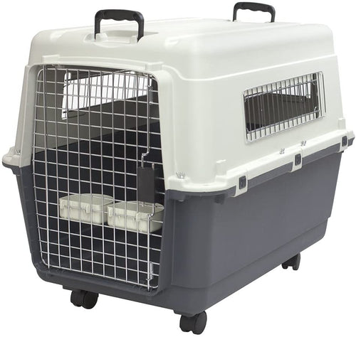 Sportpet Airline Compliant LARGE 31.5" Travel Dog Kennel-Durable Plastic Airline Pet Carrier W/ Removable Wheels & Food Bowls, Collapsible Indoor/Outdoor Dog Kennel, Dogs up to 28"L & 20"H-Cream/Gray